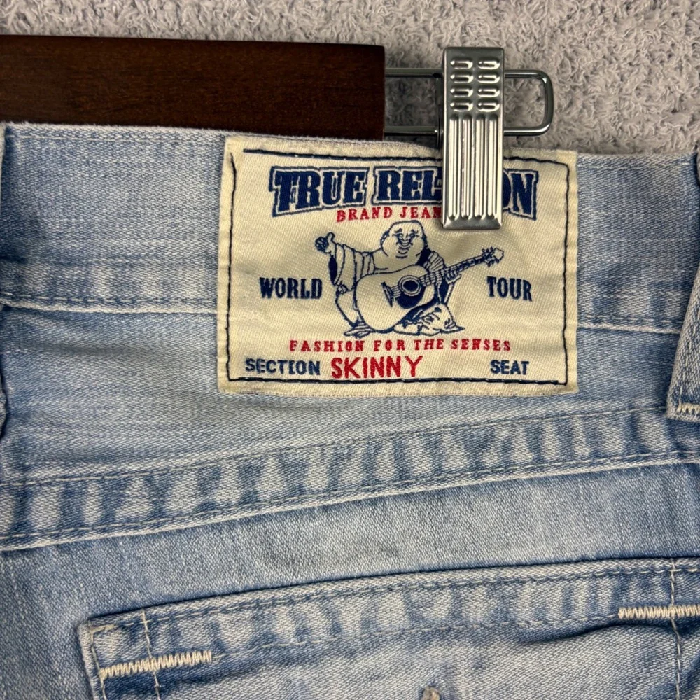 True Religion Skinny Jeans Mens 29x33 Blue Light Wash Faded Whiskered Y2K Cotton